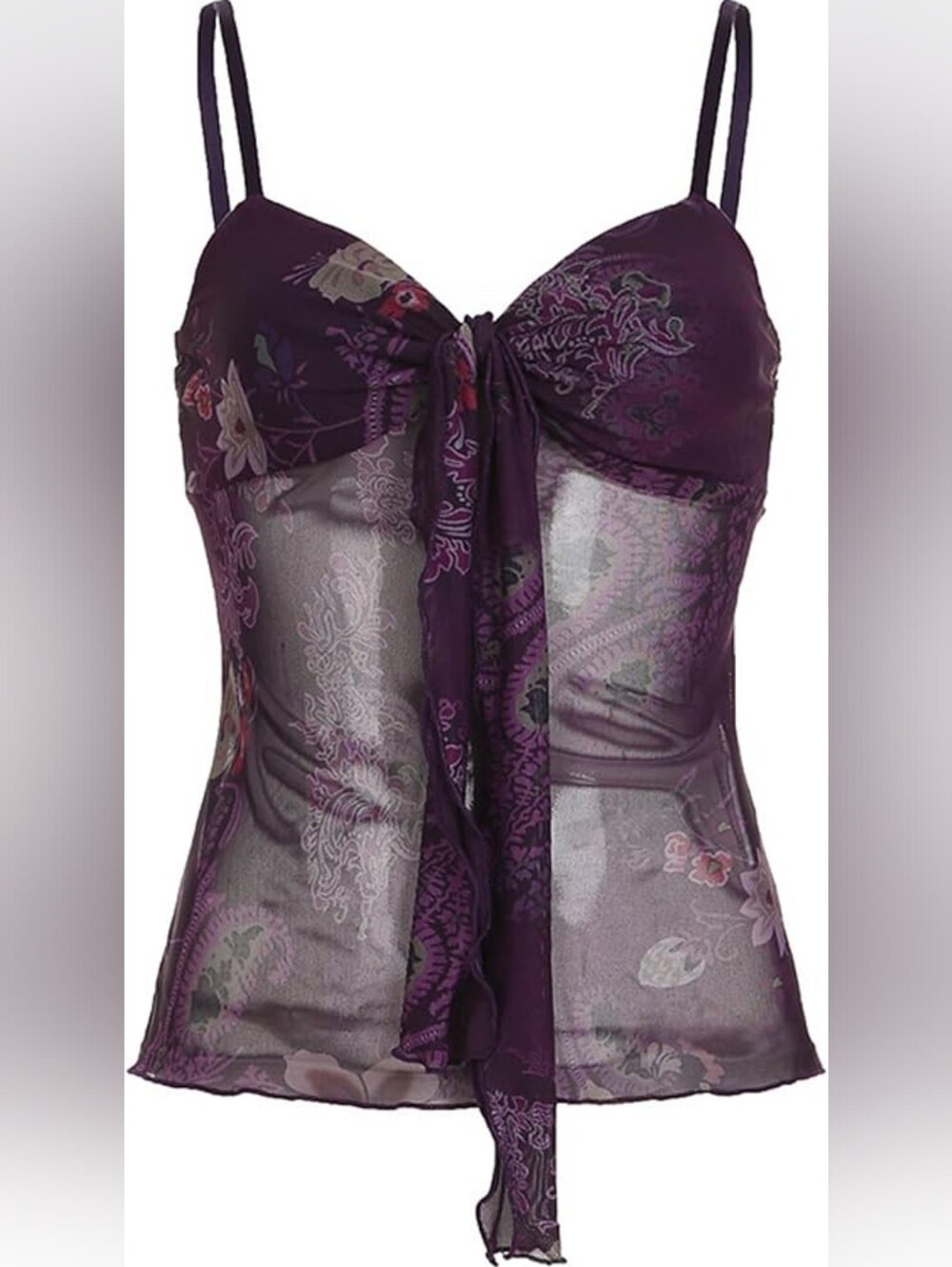 Sheer Floral Tie-Front Camisole in Deep Purple